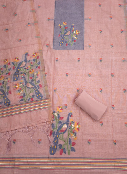 Taupe Pink Pure Muga Cotton 3 PC Jamdani Lagdi Patta Weaving Salwar Suit