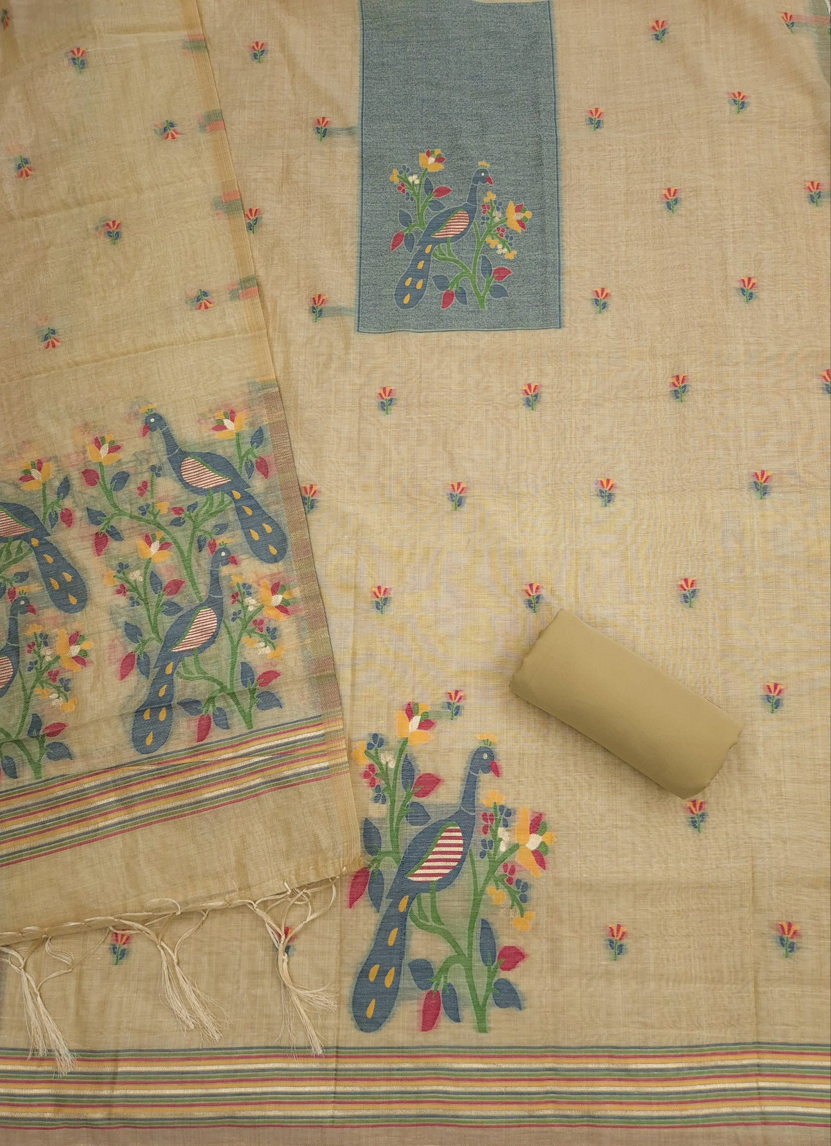 Cream Pure Muga Cotton 3 PC Jamdani Lagdi Patta Weaving Salwar Suit