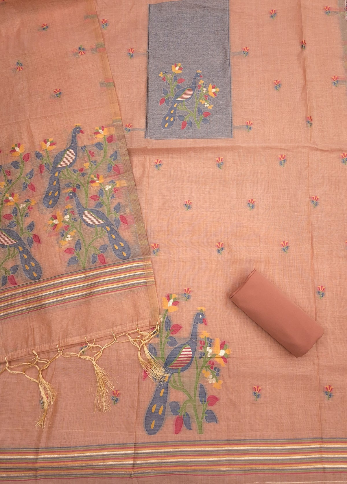 Peach Pure Muga Cotton 3 PC Jamdani Lagdi Patta Weaving Salwar Suit
