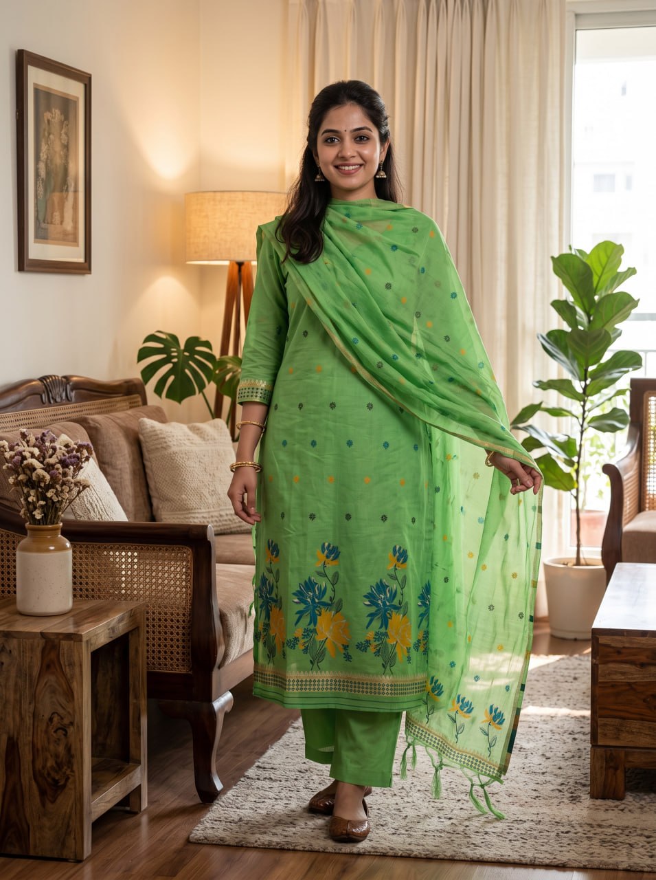Green Pure Muga Cotton 3 PC Jamdani Lagdi Patta Weaving Salwar Suit