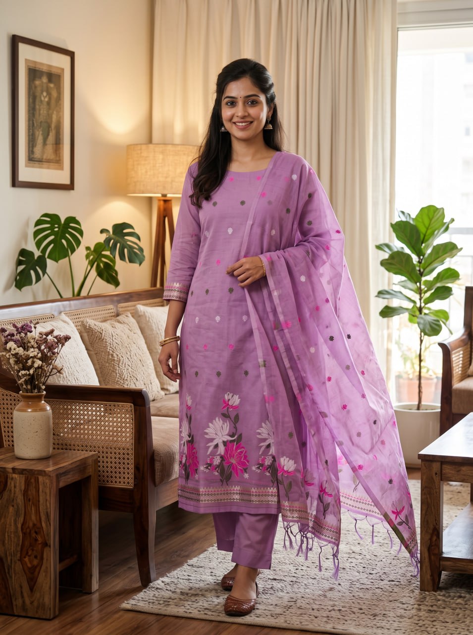 Purple Pure Muga Cotton 3 PC Jamdani Lagdi Patta Weaving Salwar Suit