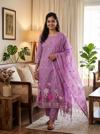 Purple Pure Muga Cotton 3 PC Jamdani Lagdi Patta Weaving Salwar Suit