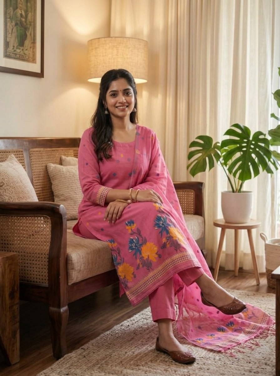 Pink Pure Muga Cotton 3 PC Jamdani Lagdi Patta Weaving Salwar Suit