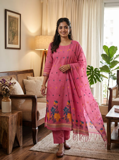 Pink Pure Muga Cotton 3 PC Jamdani Lagdi Patta Weaving Salwar Suit