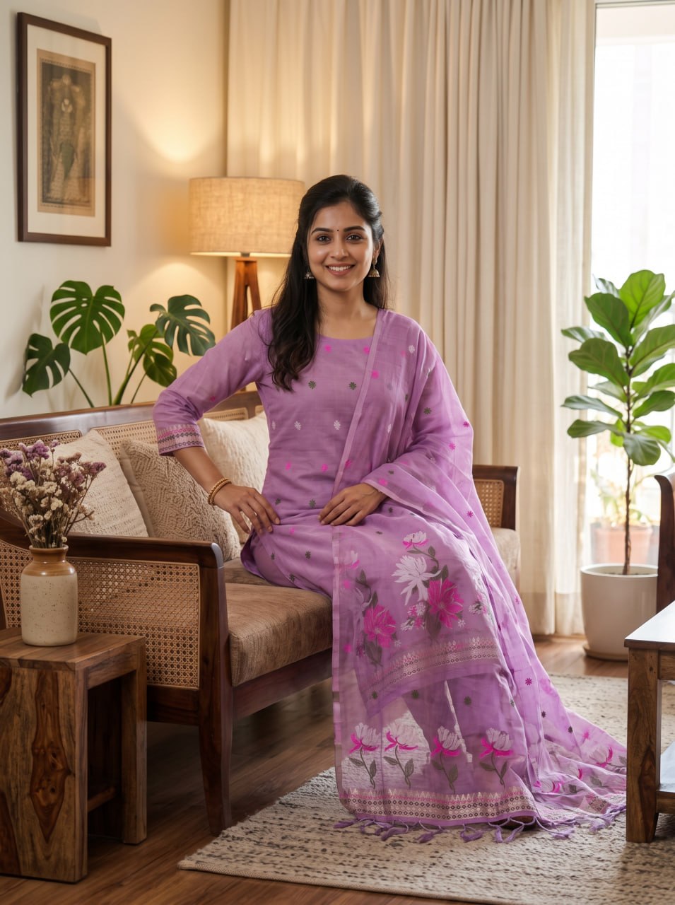 Purple Pure Muga Cotton 3 PC Jamdani Lagdi Patta Weaving Salwar Suit