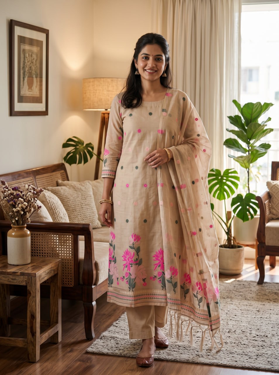 Beige Pure Muga Cotton 3 PC Jamdani Lagdi Patta Weaving Salwar Suit