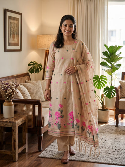 Beige Pure Muga Cotton 3 PC Jamdani Lagdi Patta Weaving Salwar Suit