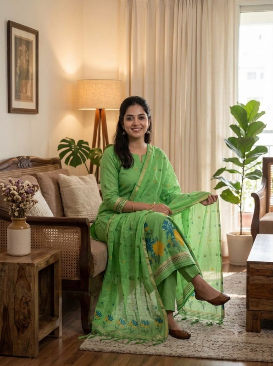 Green Pure Muga Cotton 3 PC Jamdani Lagdi Patta Weaving Salwar Suit