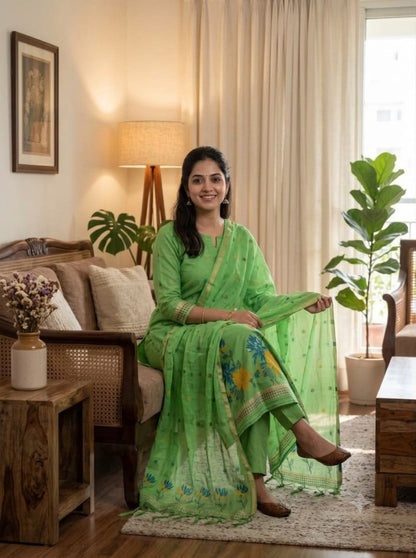 Green Pure Muga Cotton 3 PC Jamdani Lagdi Patta Weaving Salwar Suit