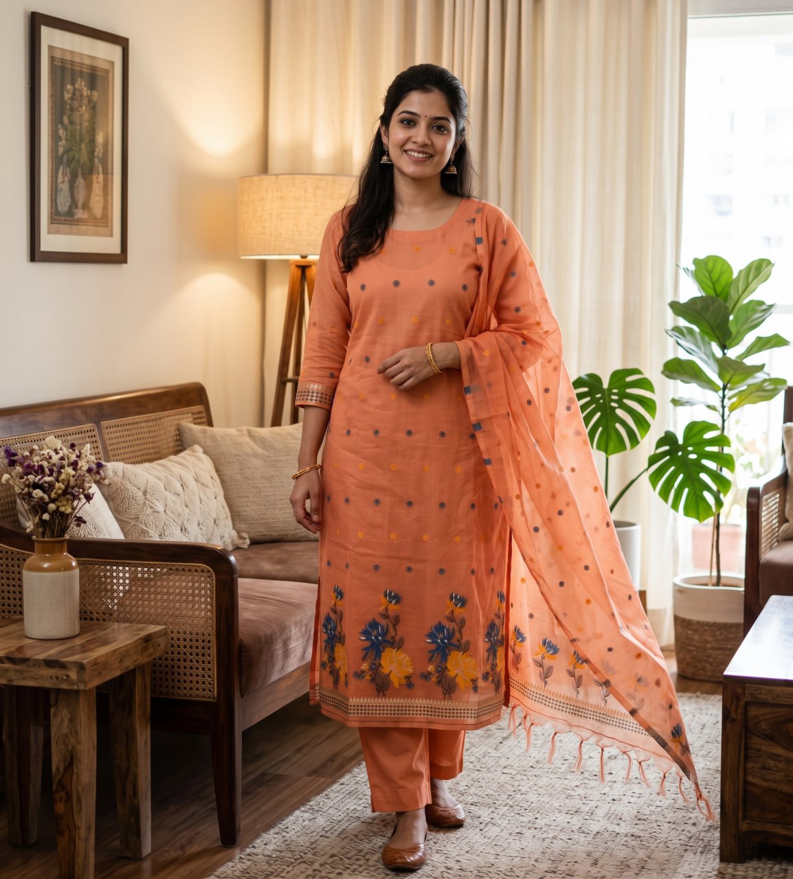 Orange Pure Muga Cotton 3 PC Jamdani Lagdi Patta Weaving Salwar Suit