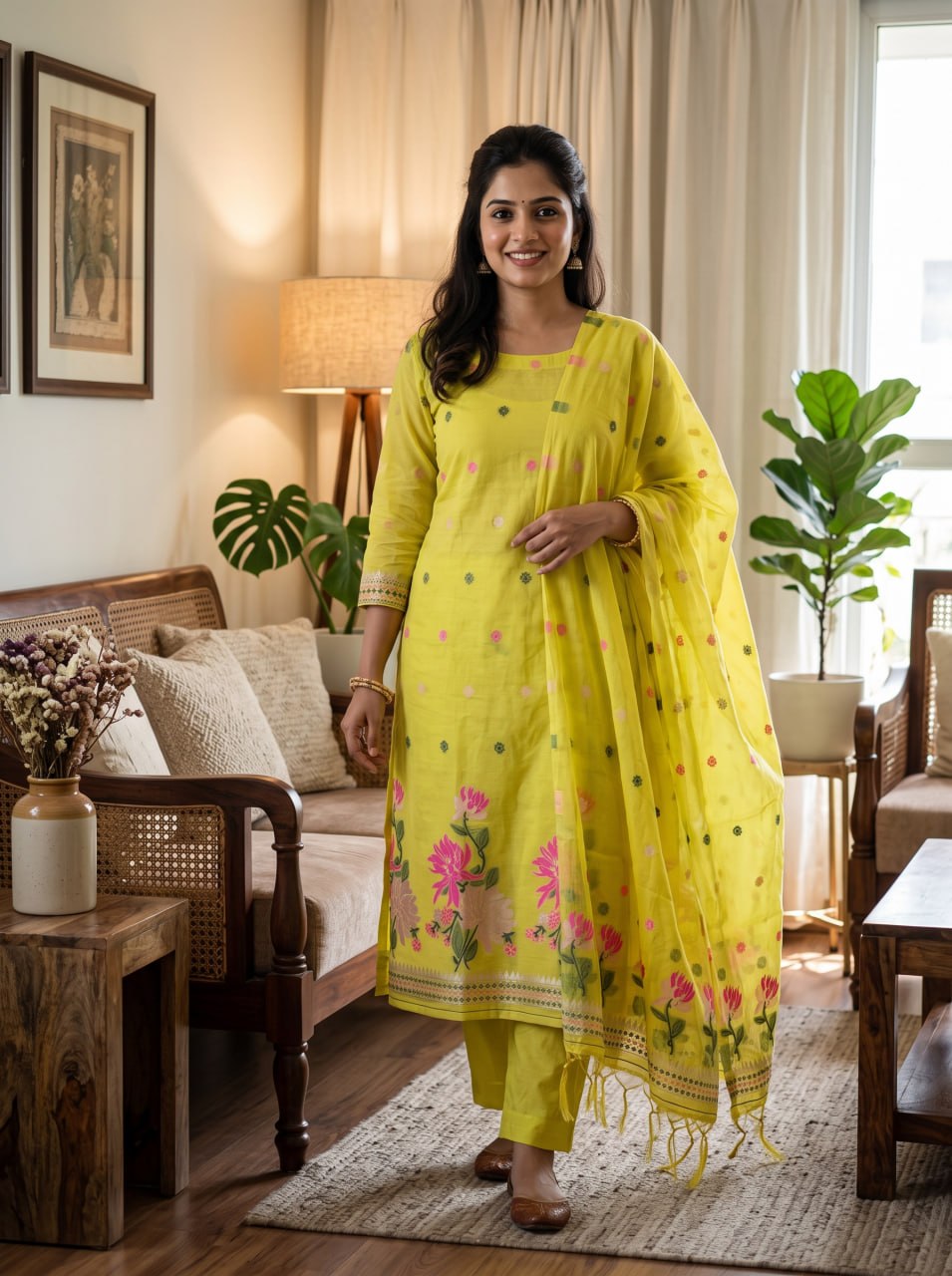 Yellow Pure Muga Cotton 3 PC Jamdani Lagdi Patta Weaving Salwar Suit