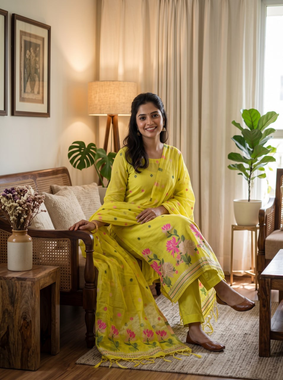 Yellow Pure Muga Cotton 3 PC Jamdani Lagdi Patta Weaving Salwar Suit