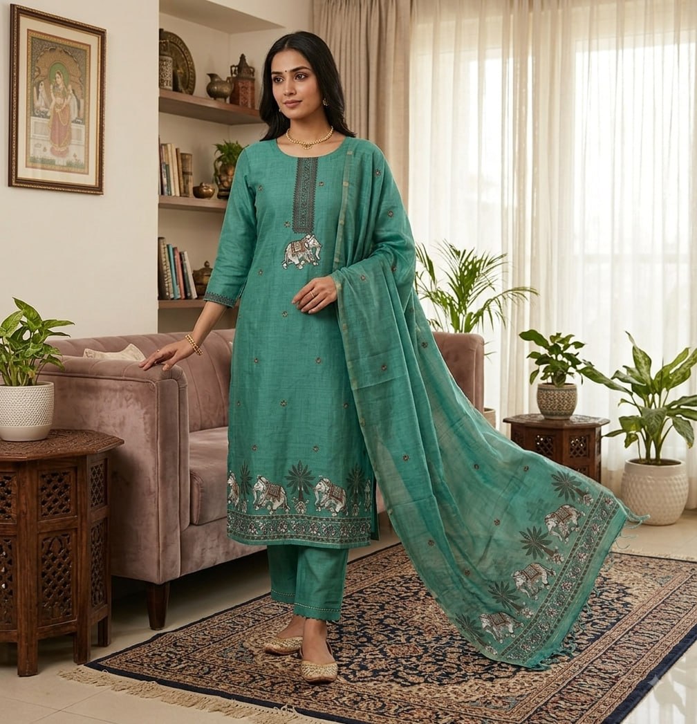 Turquoise Pure Muga Cotton 3 PC Jamdani Lagdi Patta Weaving Salwar Suit