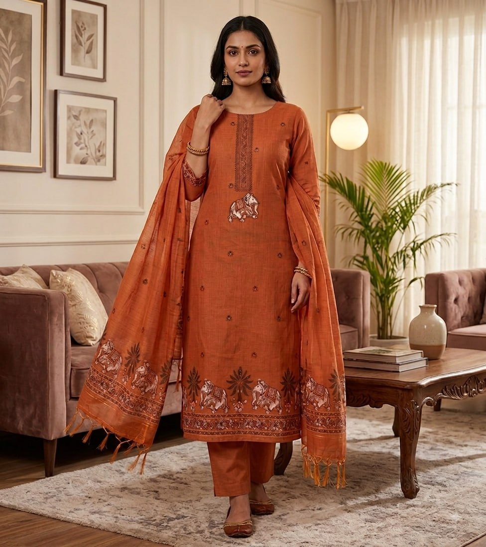 Rust Pure Muga Cotton 3 PC Jamdani Lagdi Patta Weaving Salwar Suit