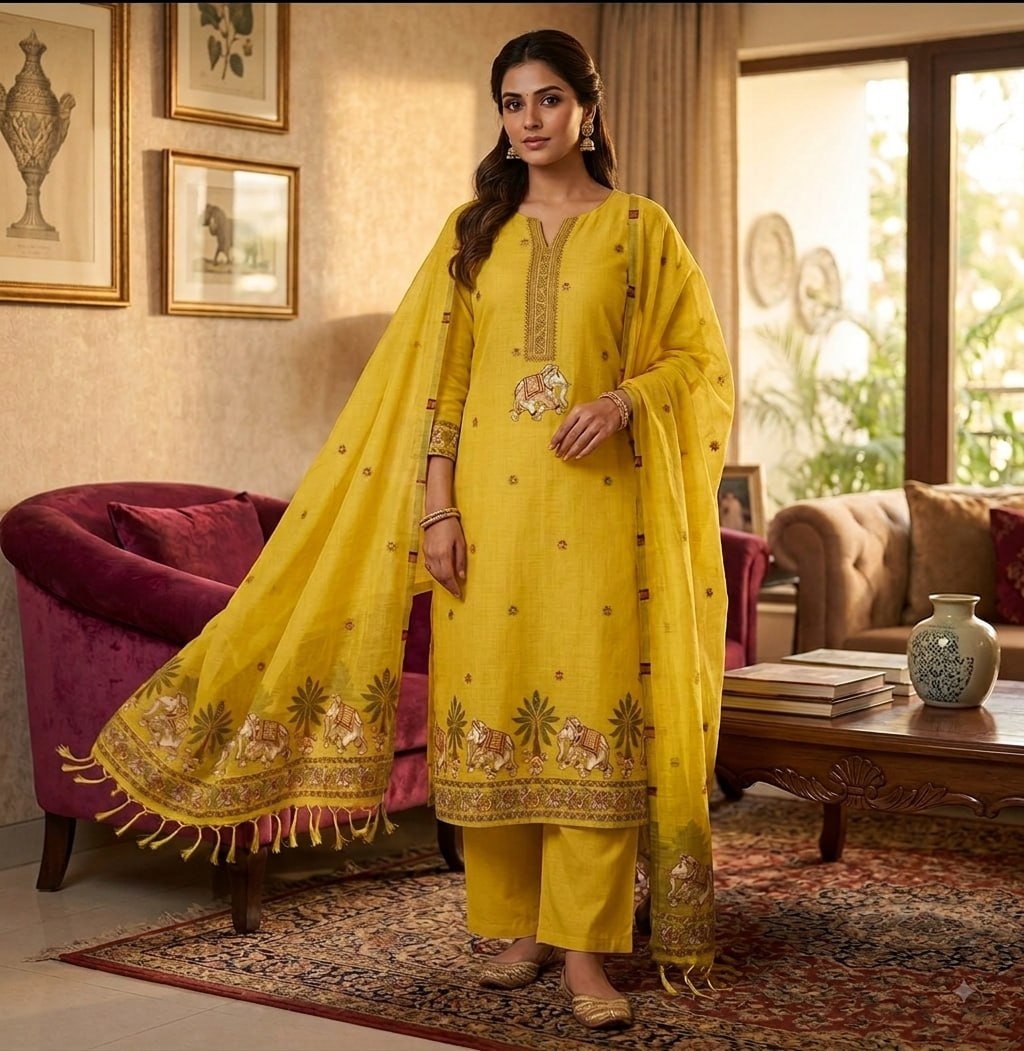 Yellow Pure Muga Cotton 3 PC Jamdani Lagdi Patta Weaving Salwar Suit