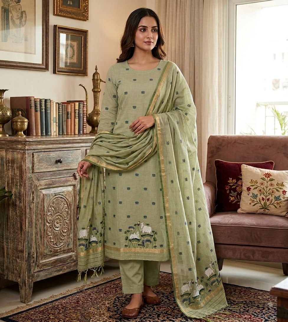Green Pure Muga Cotton 3 PC Jamdani Lagdi Patta Weaving Salwar Suit