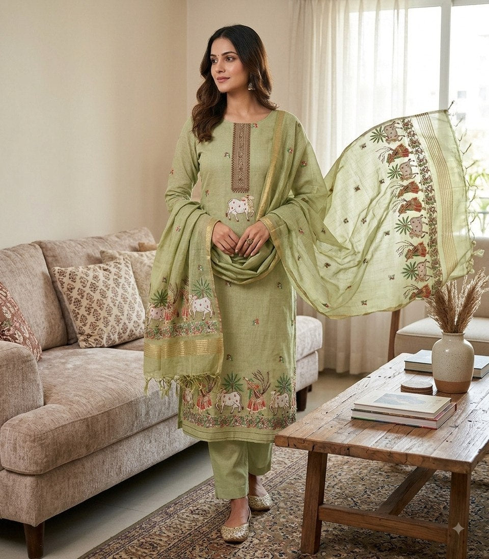 Pista Green Pure Muga Cotton 3 PC Jamdani Lagdi Patta Weaving Salwar Suit