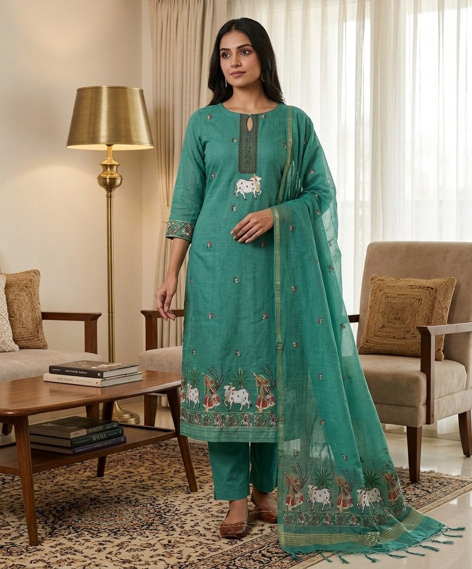Rama Pure Muga Cotton 3 PC Jamdani Lagdi Patta Weaving Salwar Suit