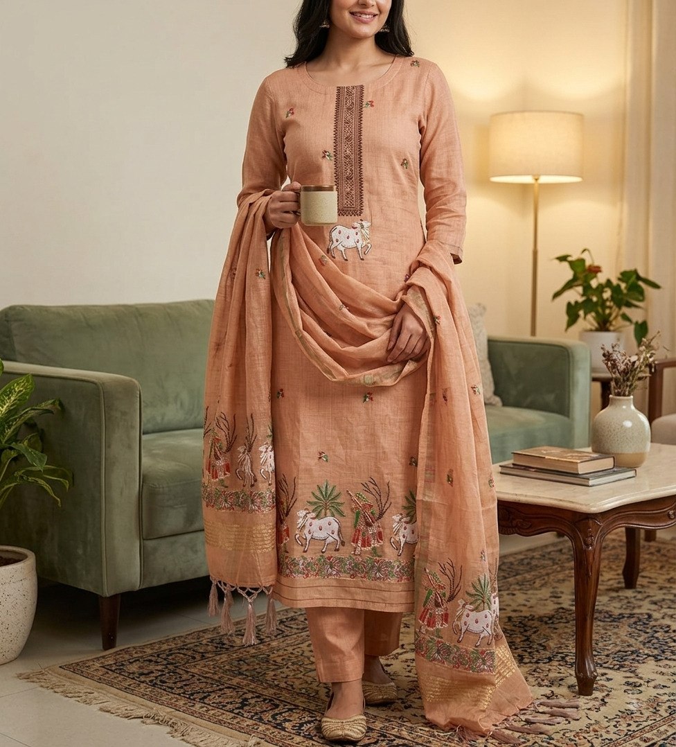 Beige Pure Muga Cotton 3 PC Jamdani Lagdi Patta Weaving Salwar Suit