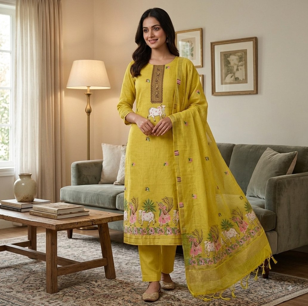 Yellow Pure Muga Cotton 3 PC Jamdani Lagdi Patta Weaving Salwar Suit