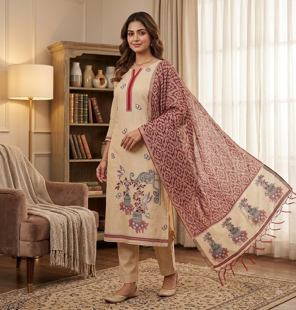 Maroon Pure Muga Cotton 3 PC Jamdani Lagdi Patta Weaving Salwar Suit