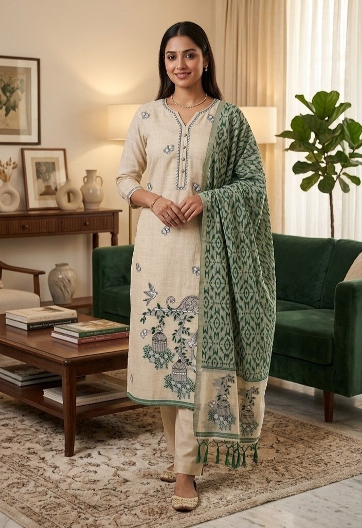 Geen Pure Muga Cotton 3 PC Jamdani Lagdi Patta Weaving Salwar Suit