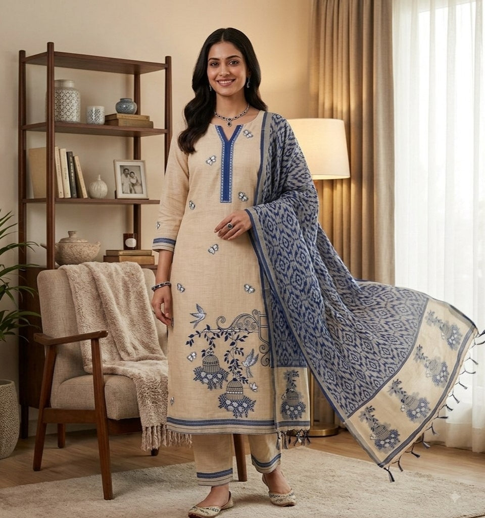 Blue Pure Muga Cotton 3 PC Jamdani Lagdi Patta Weaving Salwar Suit