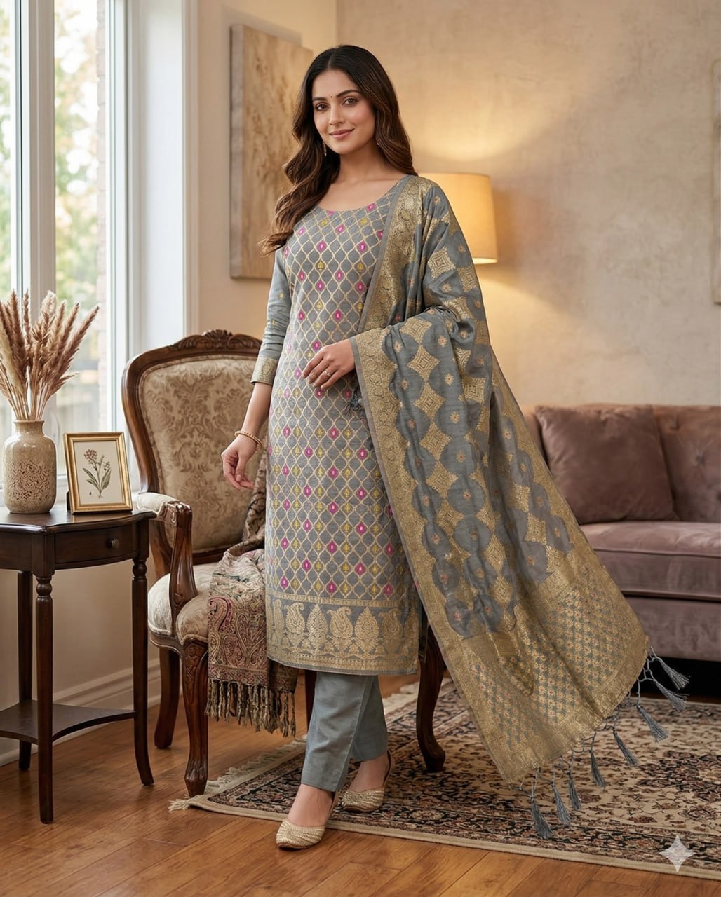 Grey Pure Chanderi Banarasi Silk Weaving Salwar Suit