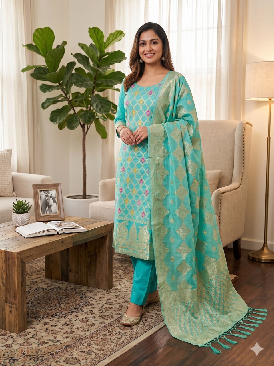 Turquoise Blue Pure Chanderi Banarasi Silk Weaving Salwar Suit