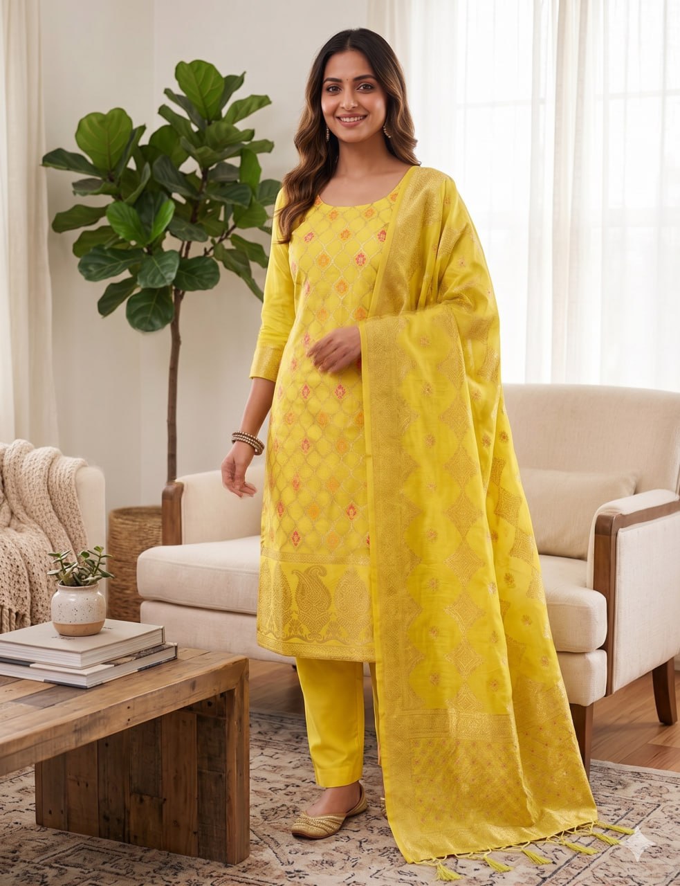 Yellow Pure Chanderi Banarasi Silk Weaving Salwar Suit