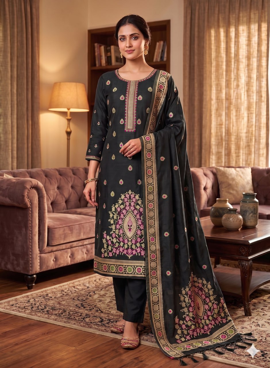 Black Pure Chanderi Banarasi Silk Weaving Salwar Suit