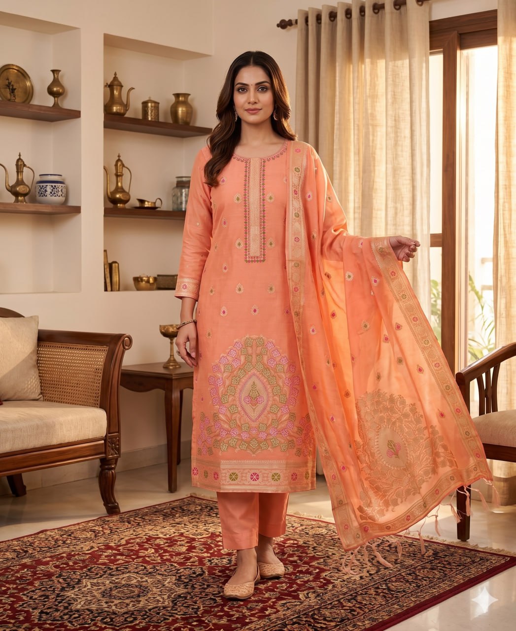 Peach Pure Chanderi Banarasi Silk Weaving Salwar Suit
