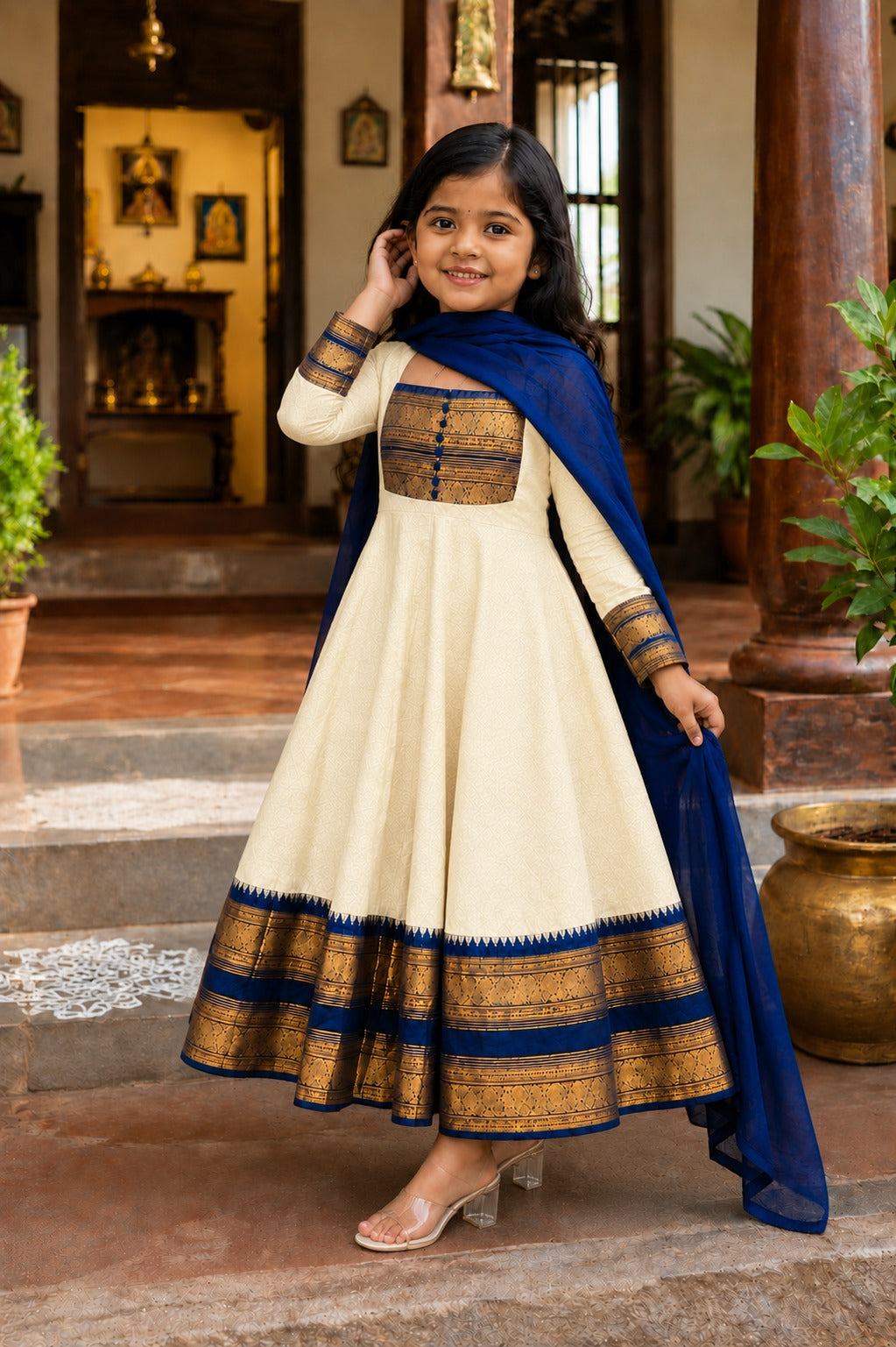 Cream Pure Heavy Georgette Elegant Jacquard Border kid&