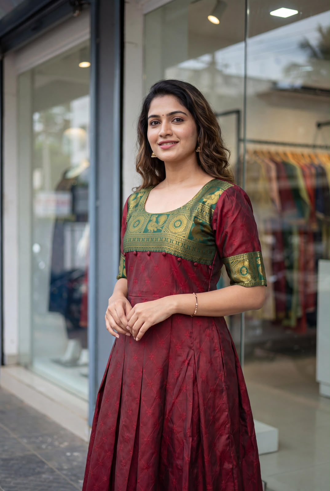 Maroon Pure Heavy Lichi Silk Jequard With Inner Anarkali Long Gown