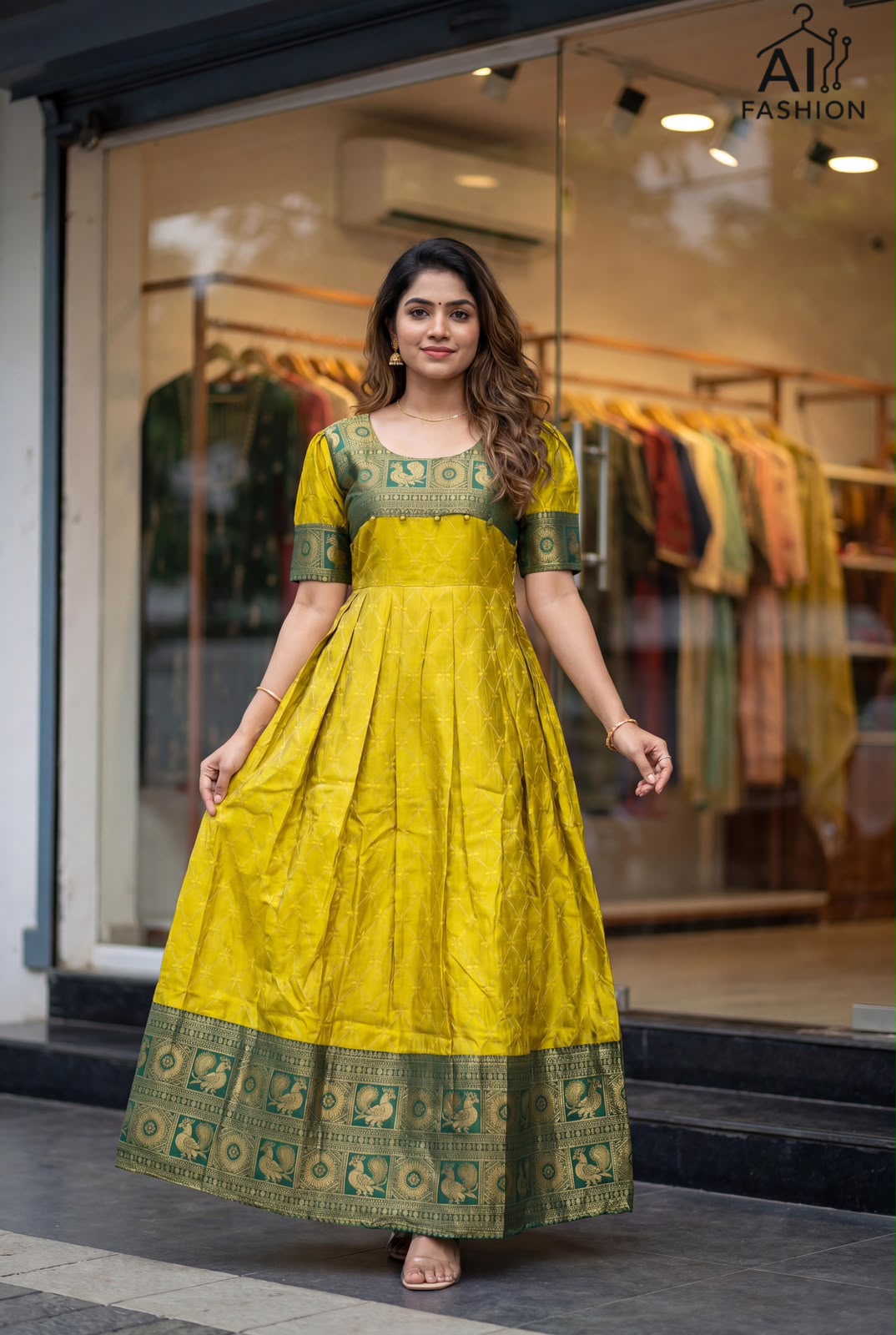 Yellow Pure Heavy Lichi Silk Jequard With Inner Anarkali Long Gown