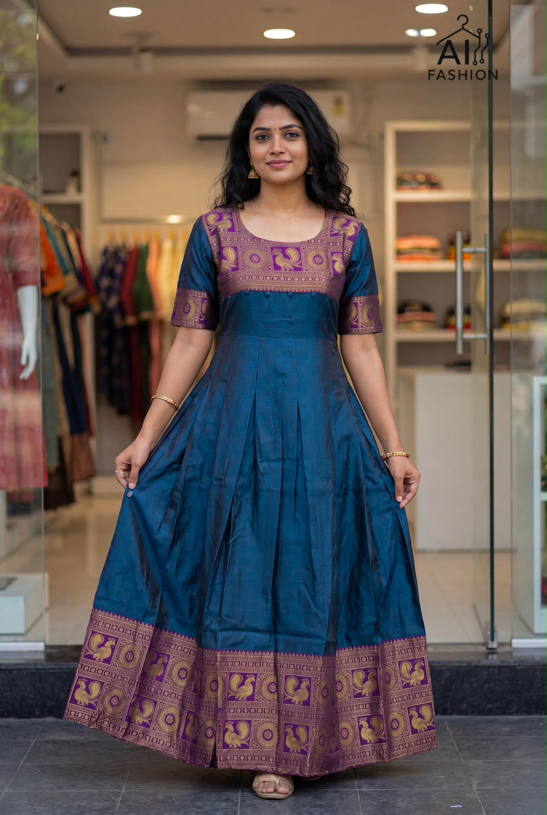 Blue Pure Heavy Lichi Silk Jequard With Inner Anarkali Long Gown