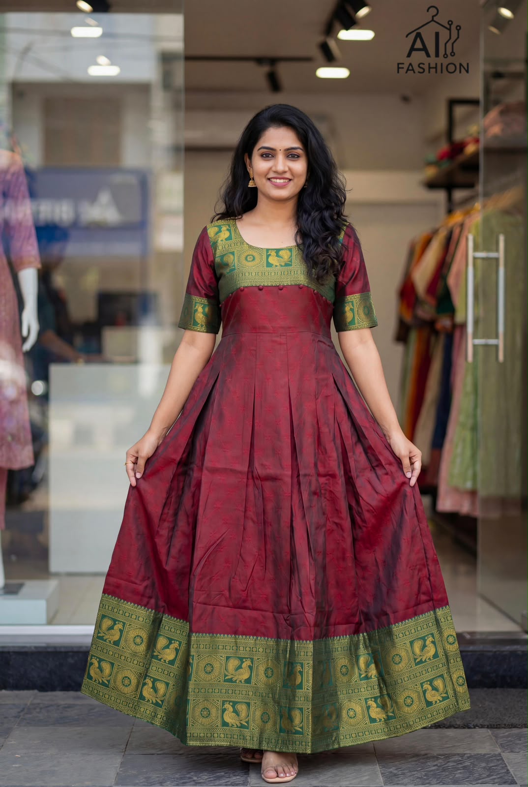 Maroon Pure Heavy Lichi Silk Jequard With Inner Anarkali Long Gown