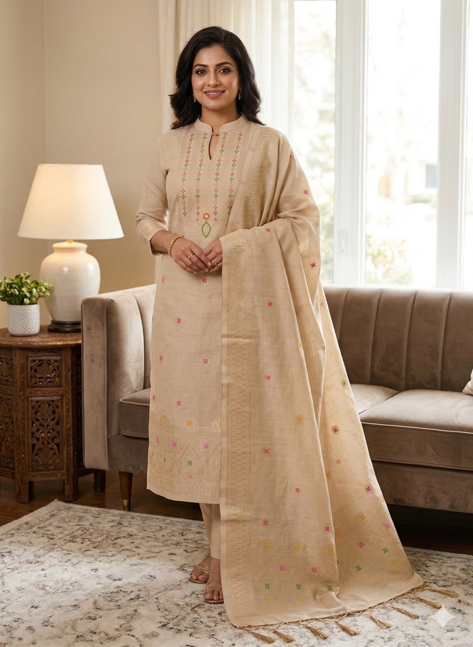 Beige Pure Chanderi Banarasi Silk Weaving Salwar Suit