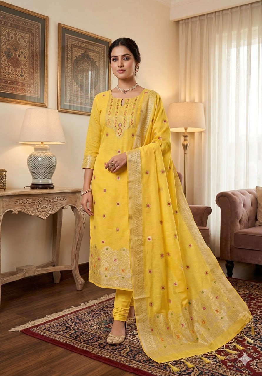Yellow Pure Chanderi Banarasi Silk Weaving Salwar Suit