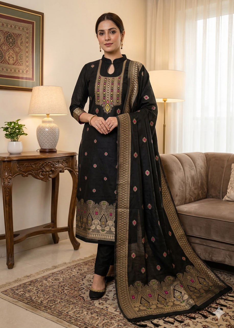 Black Pure Chanderi Banarasi Silk Weaving Salwar Suit