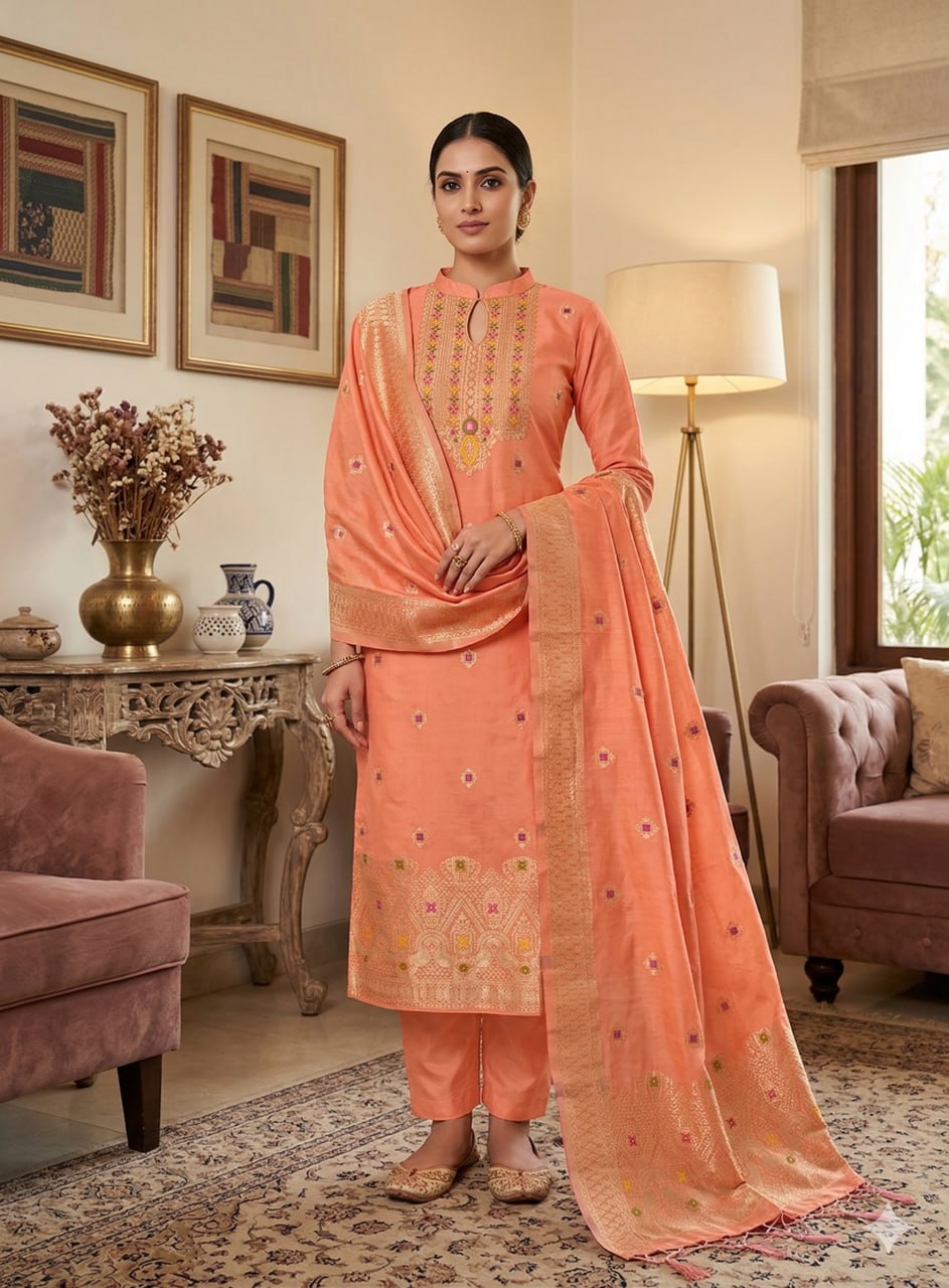 Peach Pure Chanderi Banarasi Silk Weaving Salwar Suit
