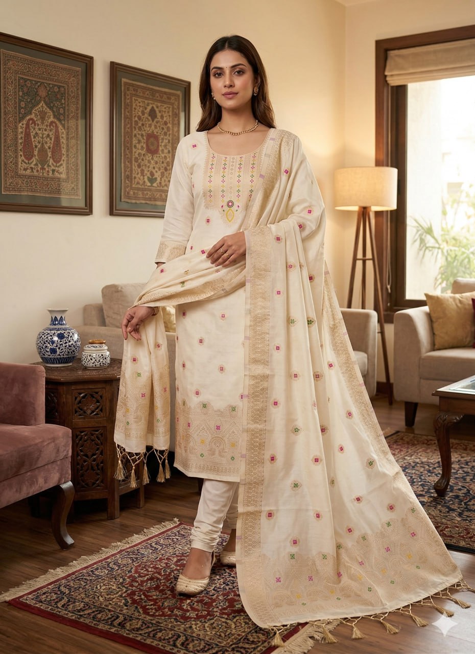White Pure Chanderi Banarasi Silk Weaving Salwar Suit
