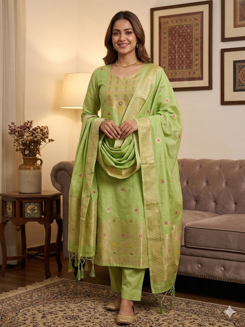 Green Pure Chanderi Banarasi Silk Weaving Salwar Suit
