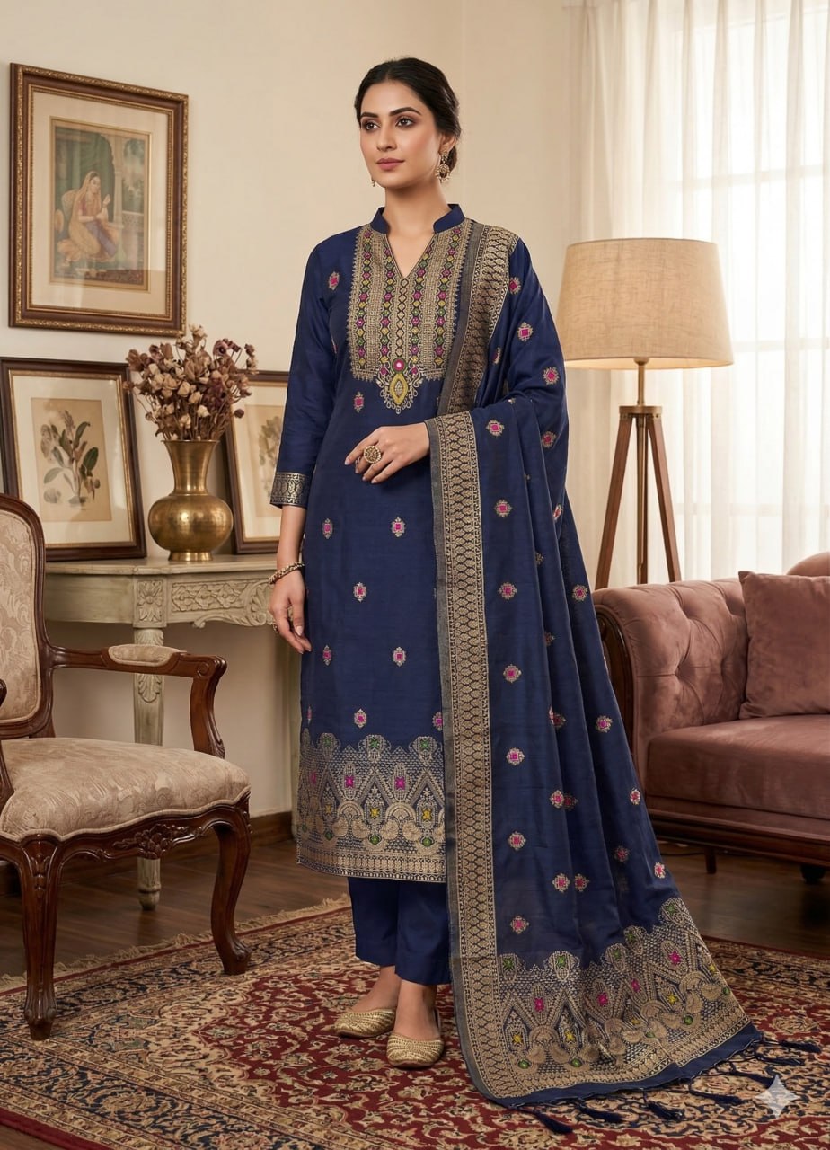 Blue Pure Chanderi Banarasi Silk Weaving Salwar Suit
