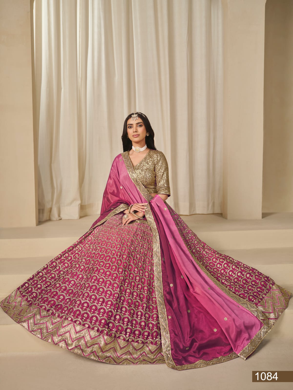Pink Pure Premium Chinon Silk Sequins Work Bridal Lehenga Choli