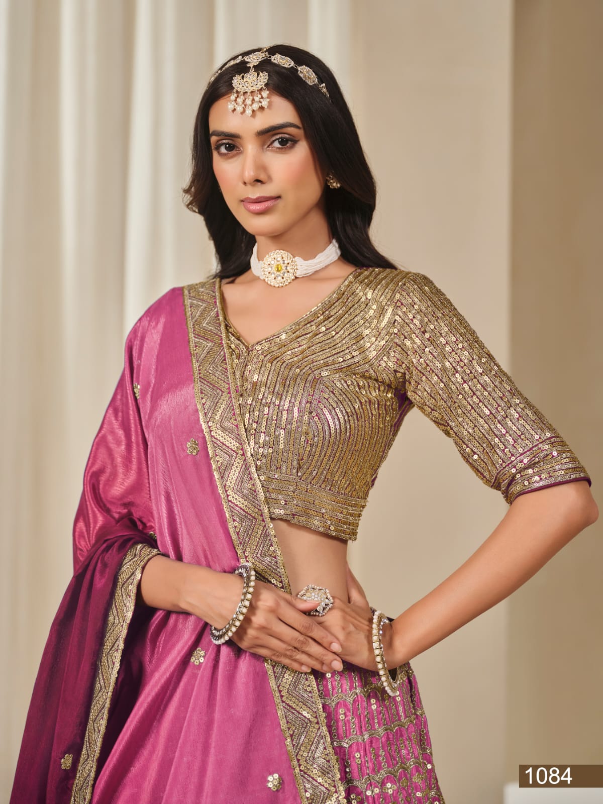 Pink Pure Premium Chinon Silk Sequins Work Bridal Lehenga Choli
