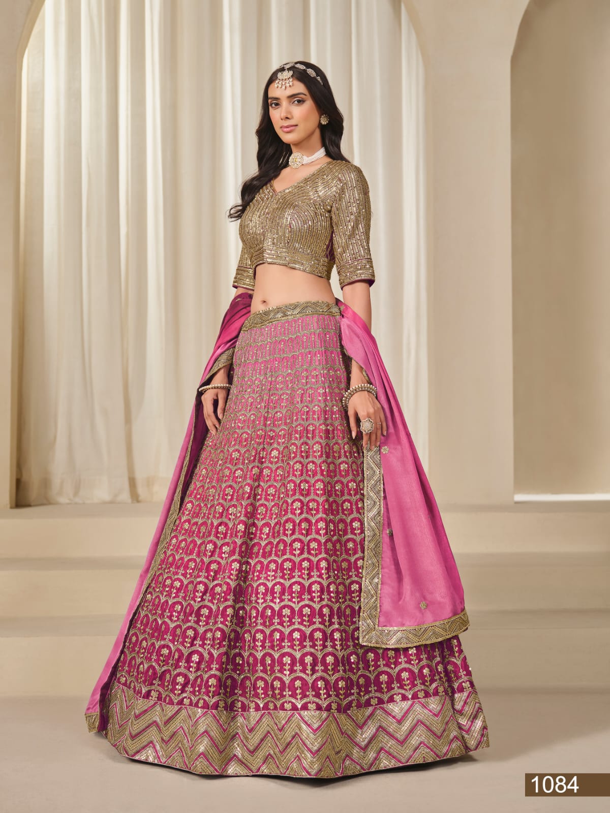 Pink Pure Premium Chinon Silk Sequins Work Bridal Lehenga Choli