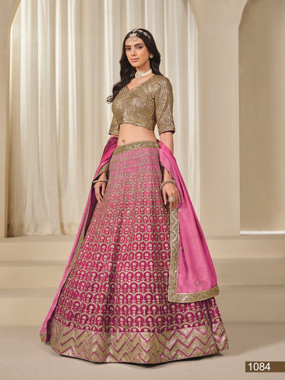 Pink Pure Premium Chinon Silk Sequins Work Bridal Lehenga Choli