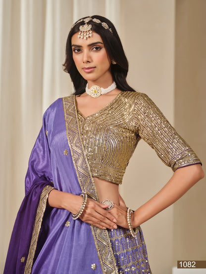 Blue Pure Premium Chinon Silk Sequins Work Bridal Lehenga Choli