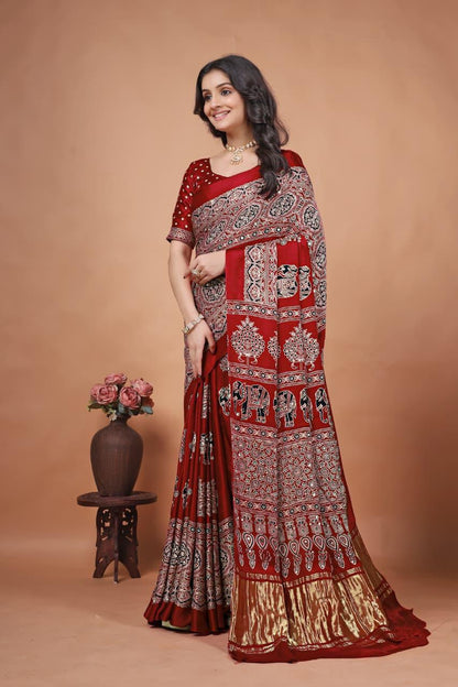 Red Pure Gajji Bandhej Ajrakh Print Saree